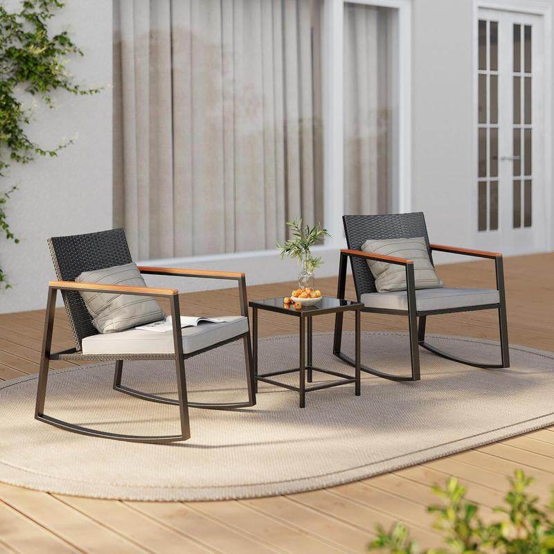 Gizoon 3 Pieces Rocking Patio Bistro Set with Anti-Scald Armrest, Outdoor Patio Wicker Furniture Set with Glass Table and Cushion for Garden, Yard, Porch Swing Chair Durable