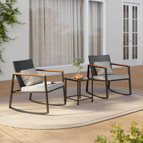 Gizoon 3 Pieces Rocking Patio Bistro Set with Anti-Scald Armrest, Outdoor Patio Wicker Furniture Set with Glass Table and Cushion for Garden, Yard, Porch Swing Chair Durable