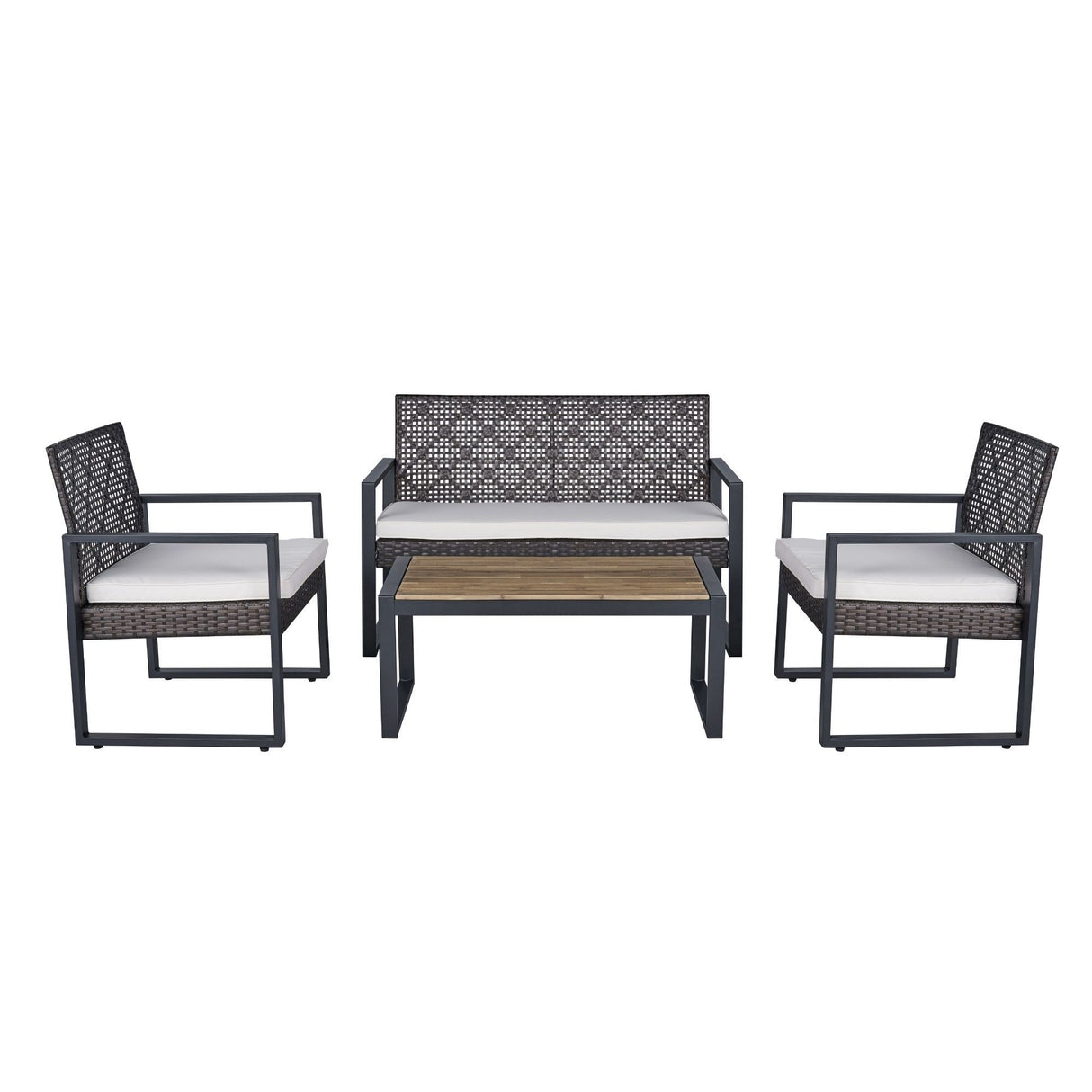 Modern 4-Piece PE Rattan Acacia Wood Outdoor Furniture Set