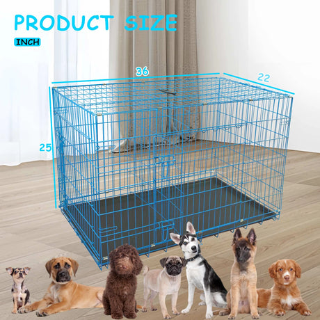 Durable Wire Dog Crate, Folding Metal Dog Kennel Double Door Dog Cage with Plastic Tray, Pet Crate for Large Dog Indoor Outdoor Travel (Blue, 36 Inch)