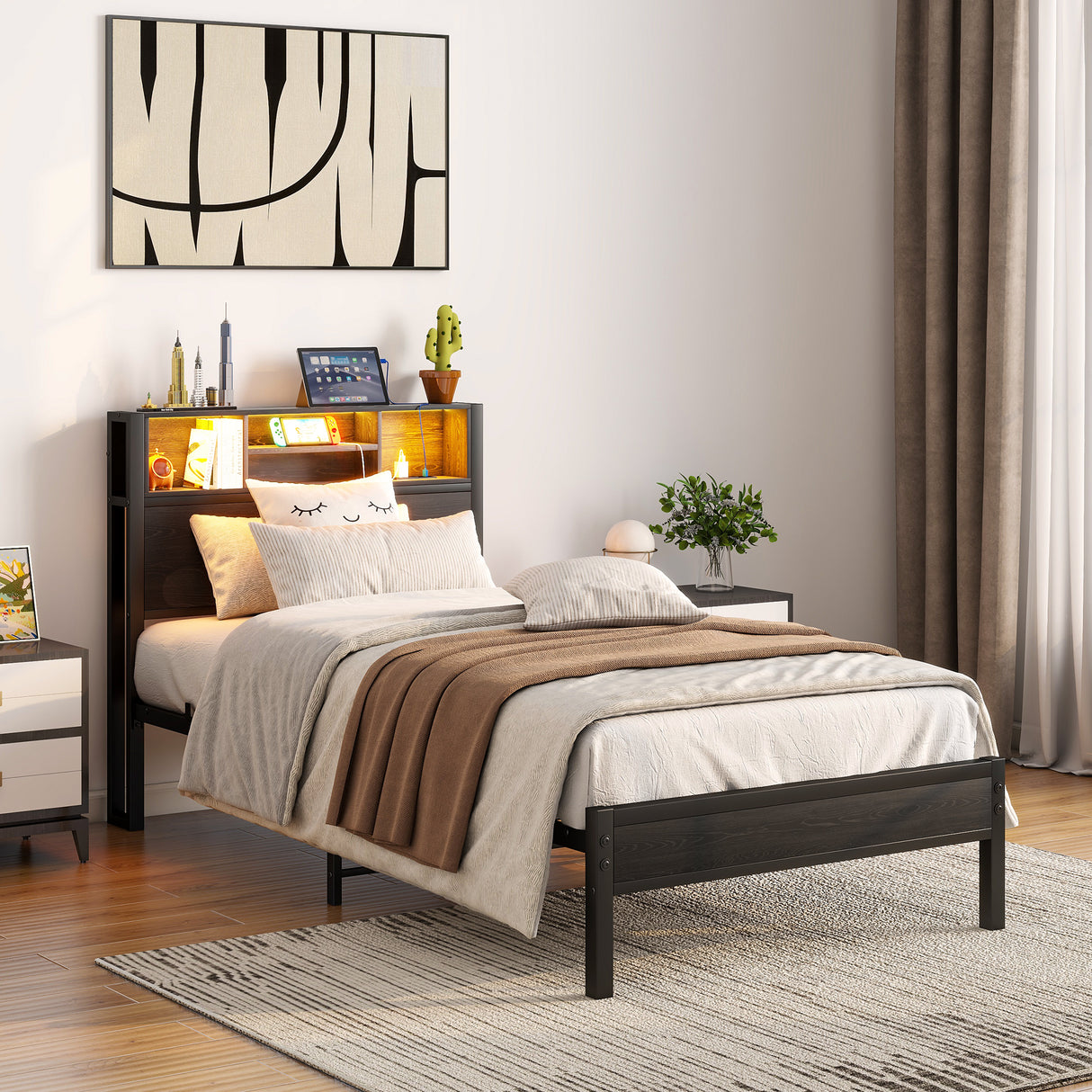 Twin Metal Platform Bed Frame With Storage Headboard