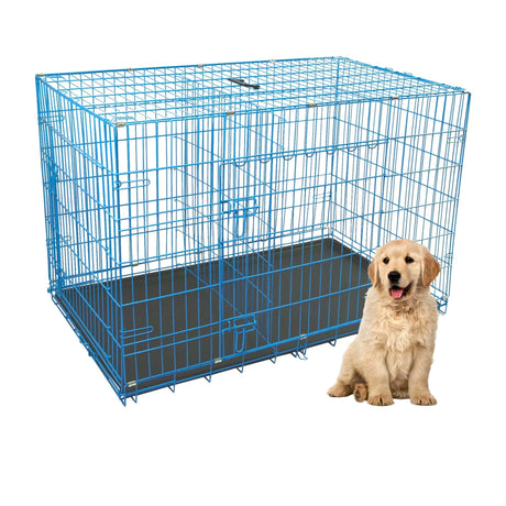 Durable Wire Dog Crate, Folding Metal Dog Kennel Double Door Dog Cage with Plastic Tray, Pet Crate for Large Dog Indoor Outdoor Travel (Blue, 36 Inch)