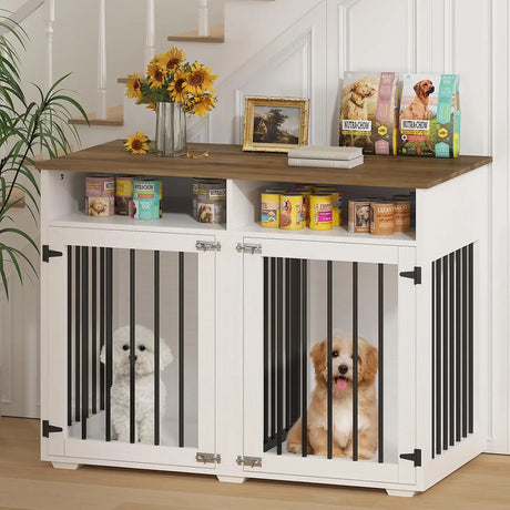 41 Inch Dog Crate Furniture for 2 Dogs, Wooden Dog Cage with Storage Compartment, Indoor Dog Kennel with 2 Doors for Medium