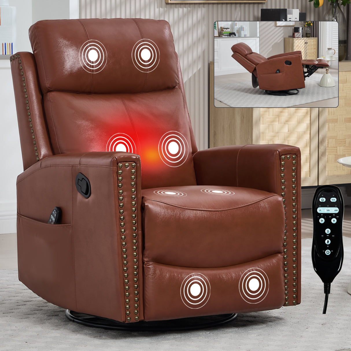 Red Genuine Leather Heat Massage Swivel Rocker Recliner Chair