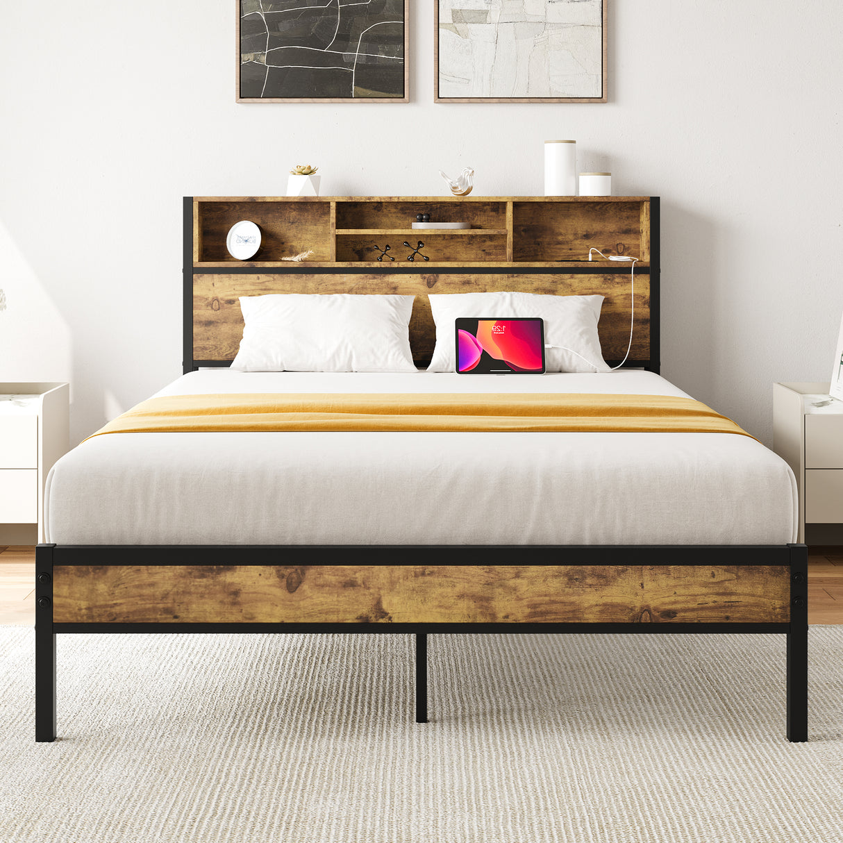 Full Metal Platform Full Bed Frame With Charging Station