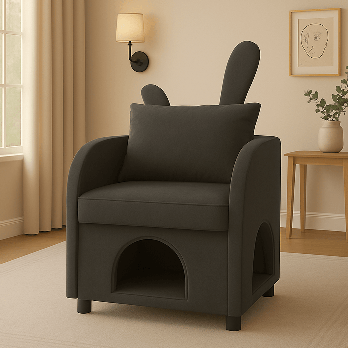 Dark Gray Bunny-Ear Fabric Pet Furniture Armchair
