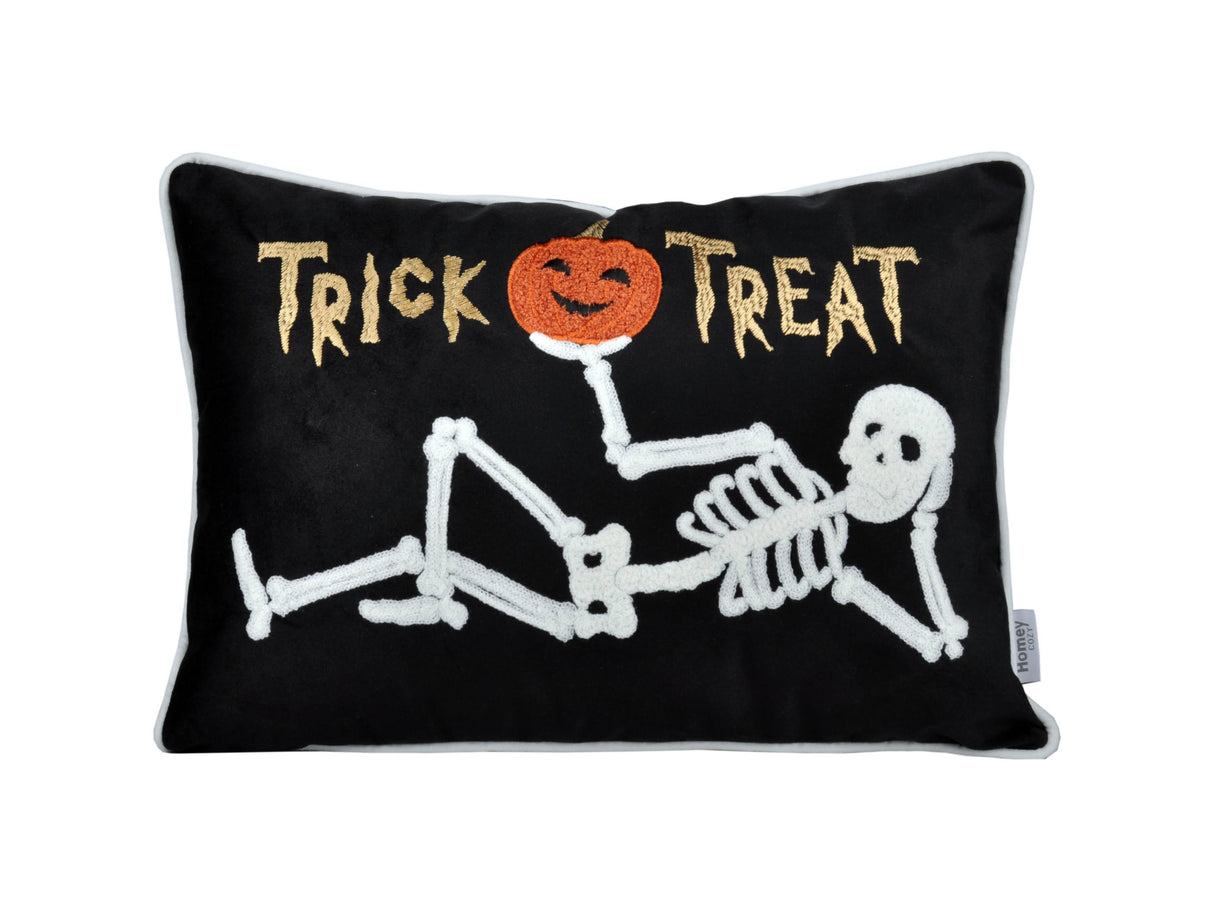 Halloween Skeleton Embroidered Velvet Lumbar Throw Pillow