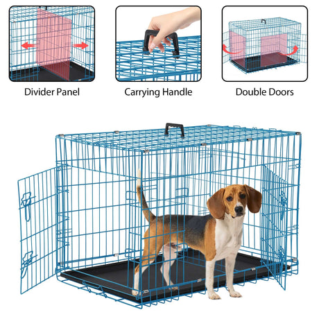 42 Inch Dog Crate, Dog Crates and Kennels Foldable Large Dog Crate for Large Dogs with Handle Double-Door Outdoor Metal Wire Dog Cage with Plastic Tray for Medium Dogs, Black