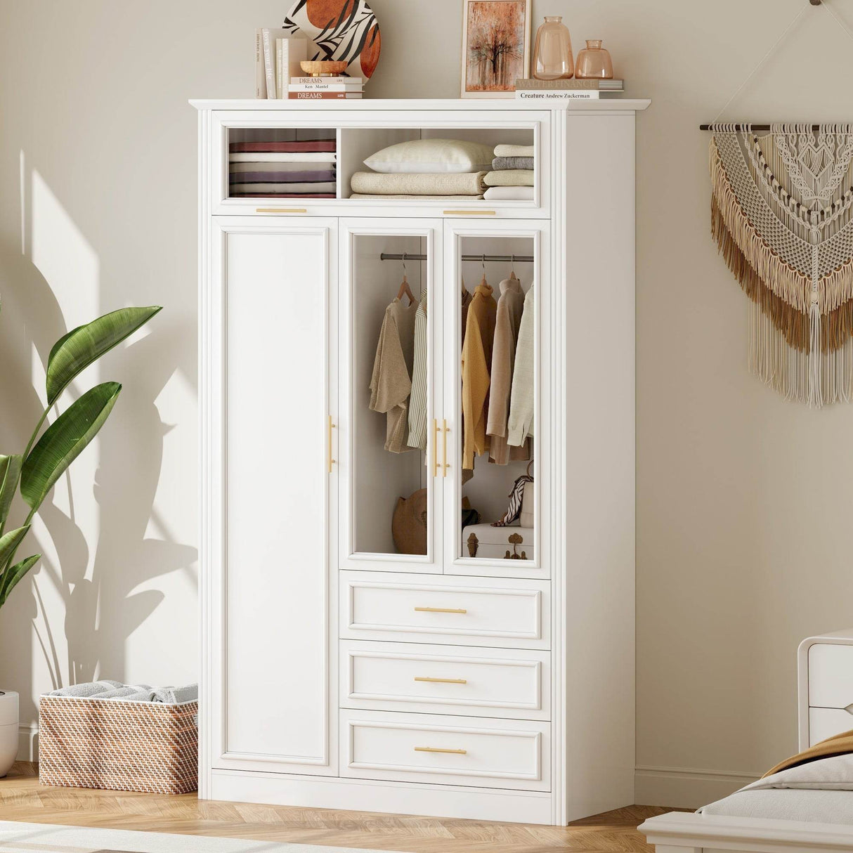 4 Door Solid Wood LED Illuminated Wardrobe Closet