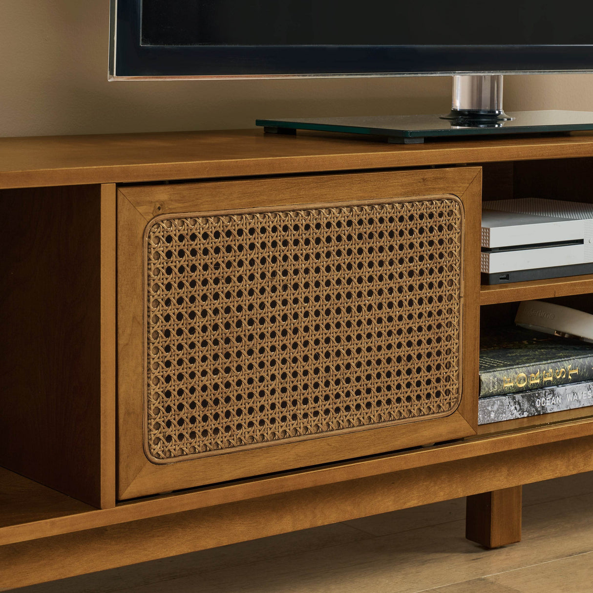 Mid Century Modern Solid Wood Rattan TV Stand - Sleep Galleria