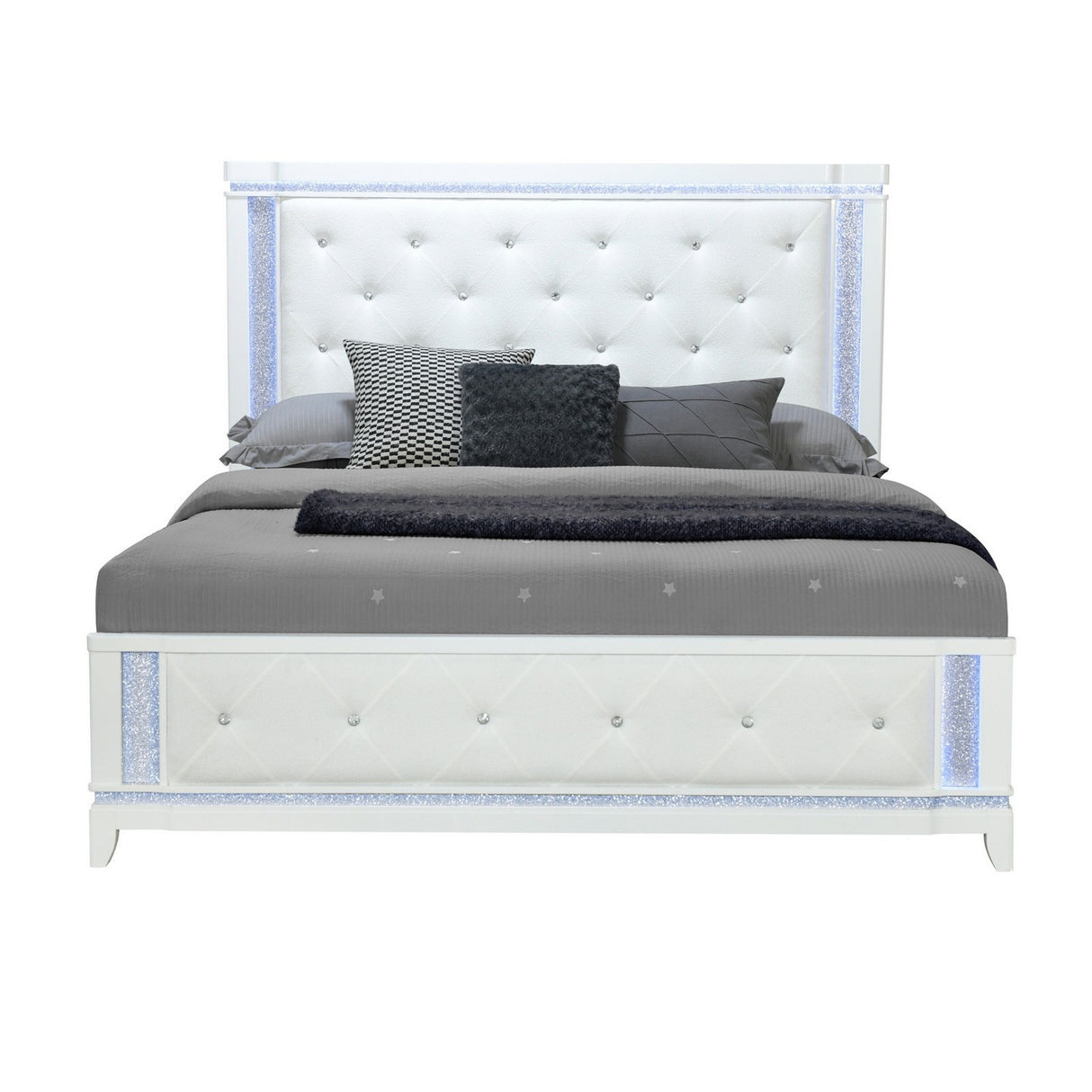 King Contemporary White Tufted Panel Bed Frame With LED Lights
