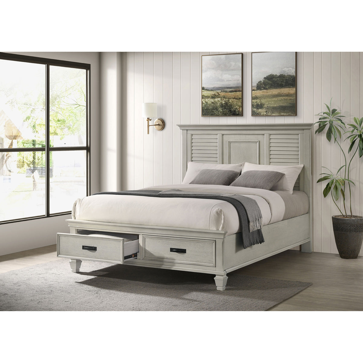Queen Farmhouse Distressed White Wood Panel Bed Frame