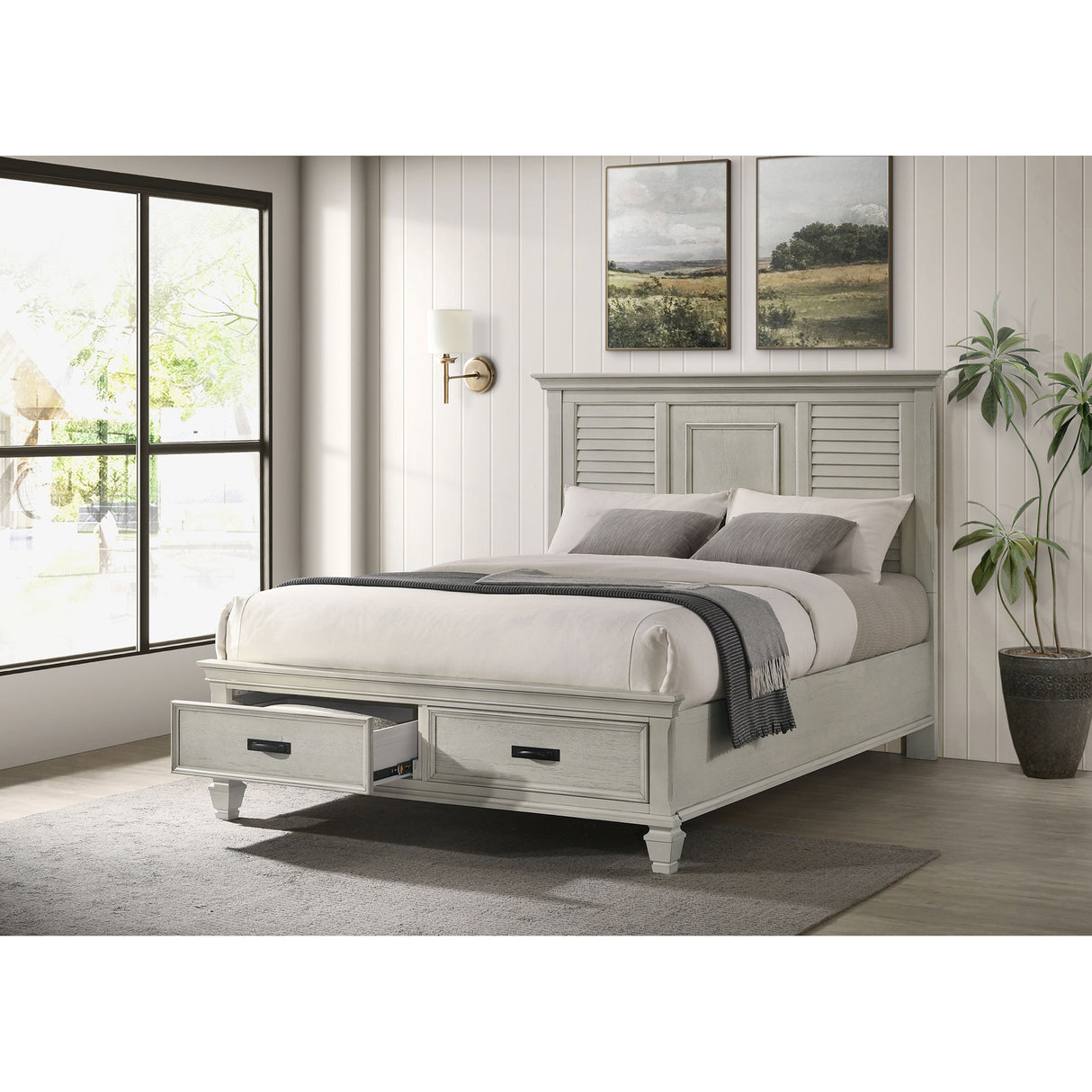 Queen Farmhouse Distressed White Wood Panel Bed Frame