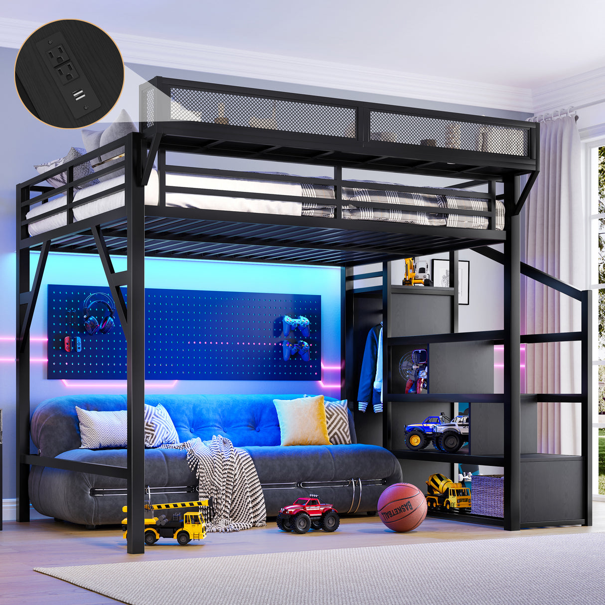 Queen Metal Loft Bed With Storage Stairs USB LED Lighting