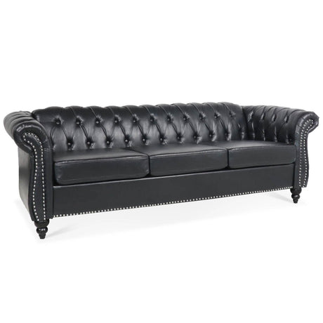 Black PU Rolled Arm Chesterfield Sofa - Calmora - Sleep Galleria