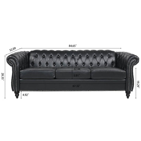 Black PU Rolled Arm Chesterfield Sofa - Calmora - Sleep Galleria