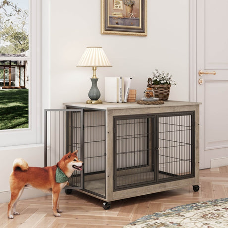 Furniture Style Dog Crate With Rolling Casters And Double Doors - Sleep Galleria