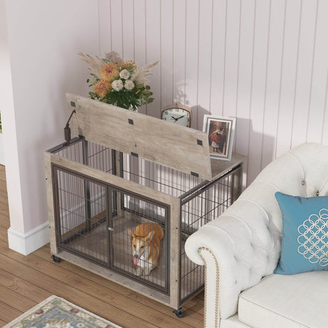 Furniture Style Dog Crate With Rolling Casters And Double Doors - Sleep Galleria