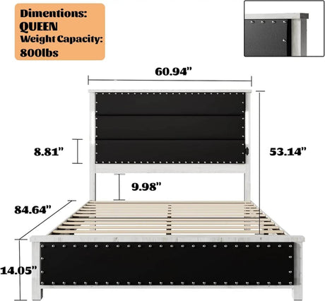 PU Leather Platform Bed Frame with Charging Station and LED Lights - Calmora - Sleep Galleria