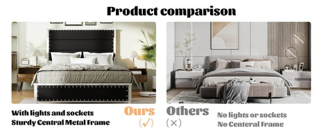 PU Leather Platform Bed Frame with Charging Station and LED Lights - Calmora - Sleep Galleria