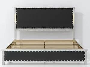 PU Leather Platform Bed Frame with Charging Station and LED Lights - Calmora - Sleep Galleria