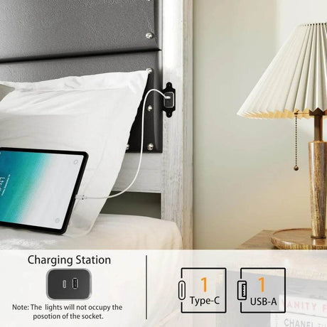 PU Leather Platform Bed Frame with Charging Station and LED Lights - Calmora - Sleep Galleria