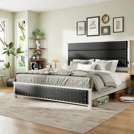 PU Leather Platform Bed Frame with Charging Station and LED Lights - Calmora - Sleep Galleria