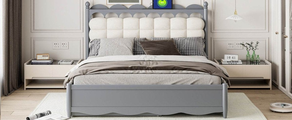 Queen Platform Bed With Trundle Drawers USB Ports Gray - Sleep Galleria