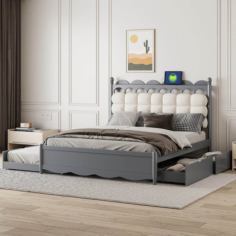 Queen Platform Bed With Trundle Drawers USB Ports Gray - Calmora - Sleep Galleria