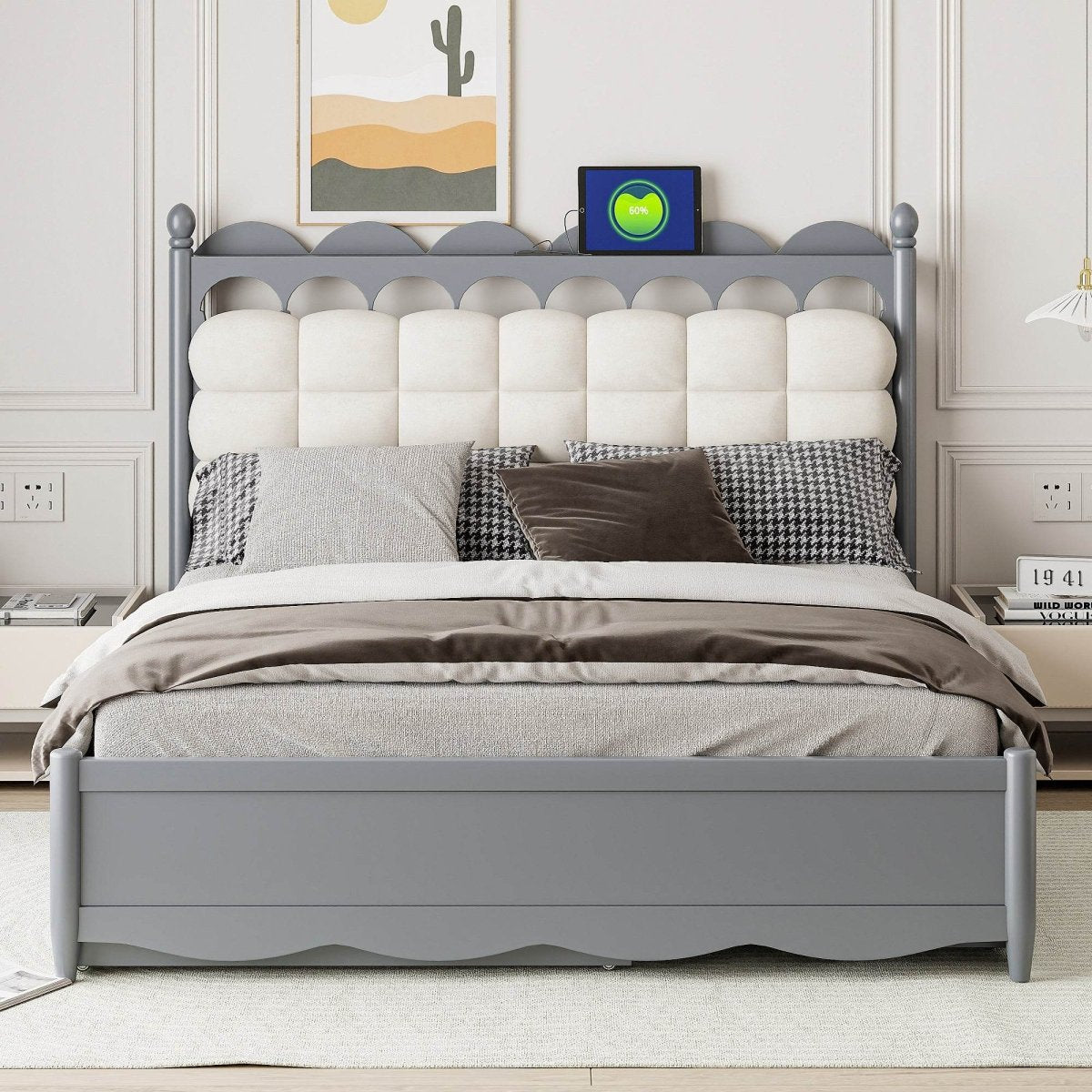 Queen Platform Bed With Trundle Drawers USB Ports Gray - Sleep Galleria