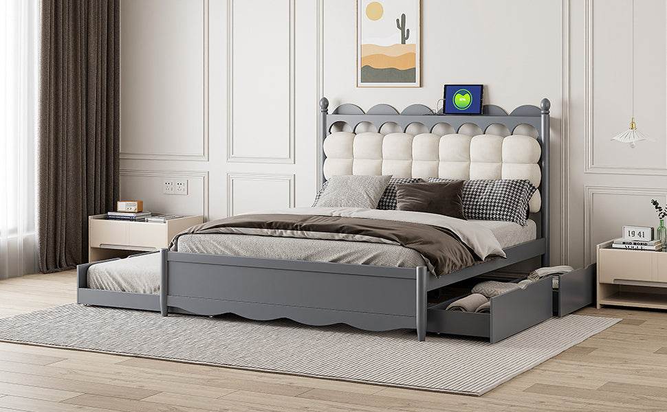 Queen Platform Bed With Trundle Drawers USB Ports Gray - Sleep Galleria