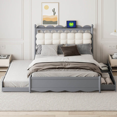 Queen Platform Bed With Trundle Drawers USB Ports Gray - Calmora - Sleep Galleria