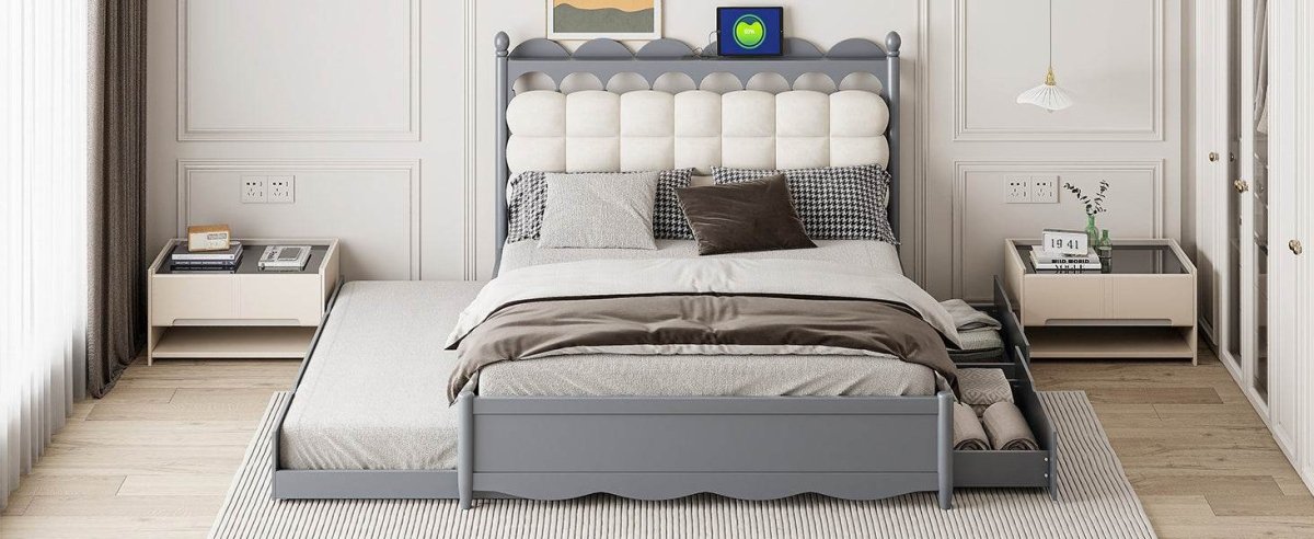 Queen Platform Bed With Trundle Drawers USB Ports Gray - Sleep Galleria