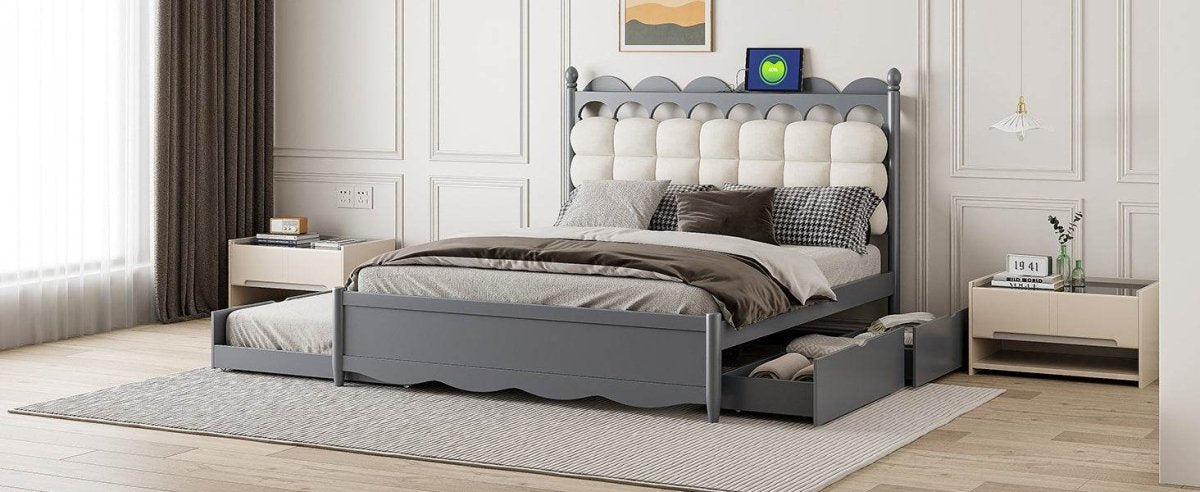 Queen Platform Bed With Trundle Drawers USB Ports Gray - Sleep Galleria