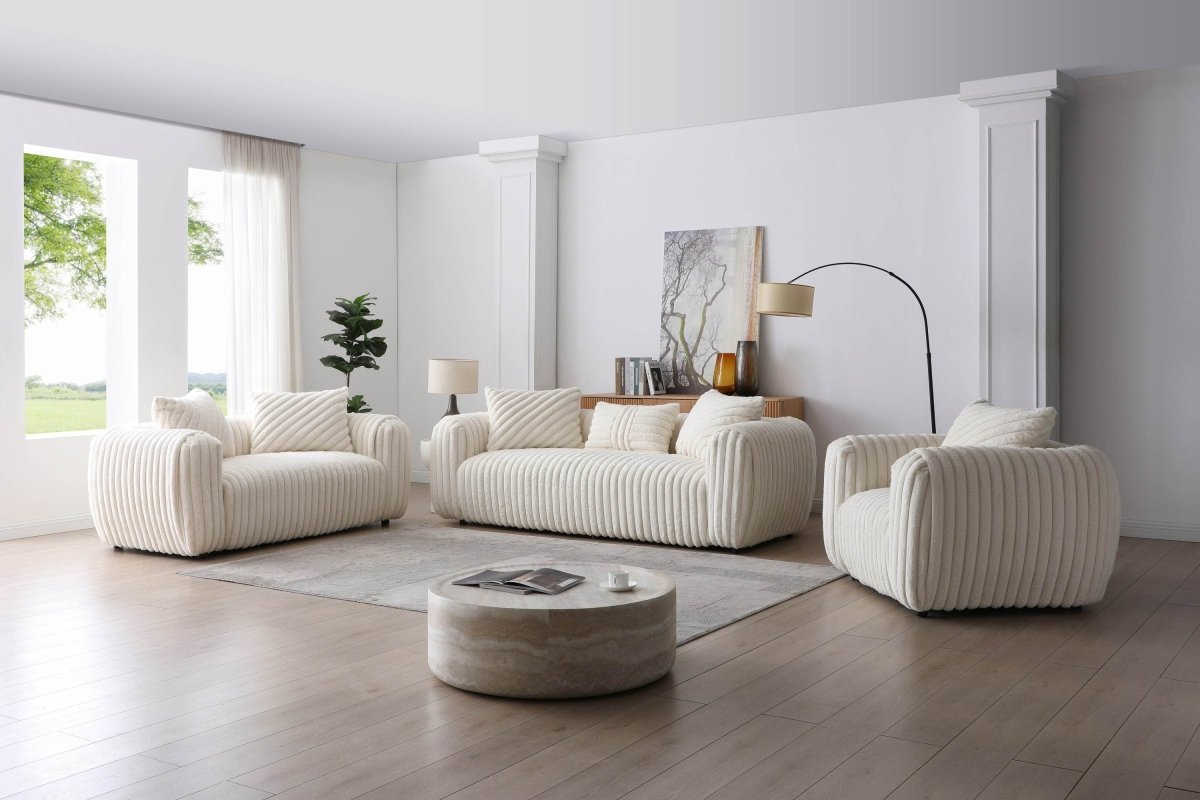 Upholstered White Boucle 3 - Seat Plush Sofa - Calmora - Sleep Galleria