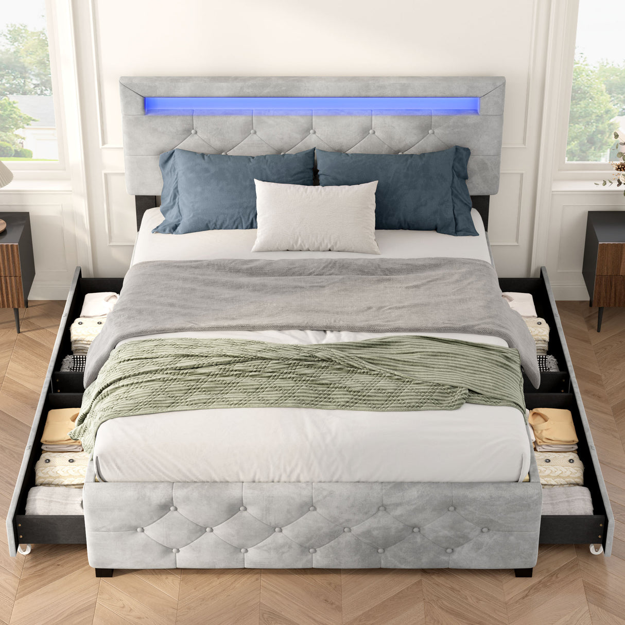 Queen Upholstered Velvet Platform Storage Bed Frame With LED