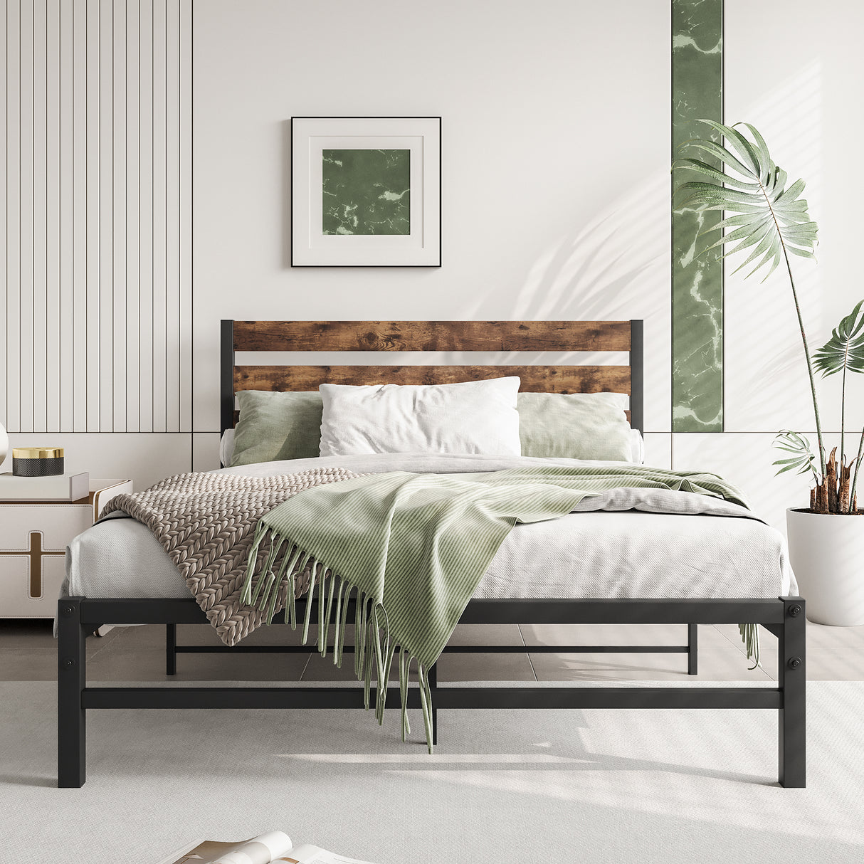 Full Metal And Wood Full Size Platform Bed Frame