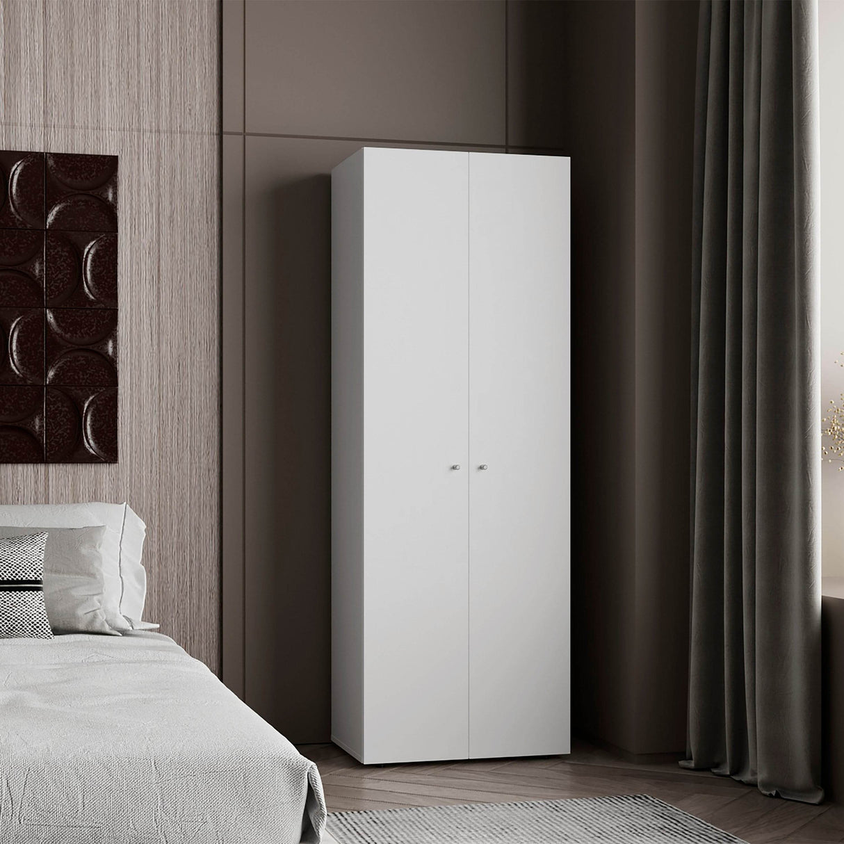 Compact Two-Door White Particle Board Storage Closet