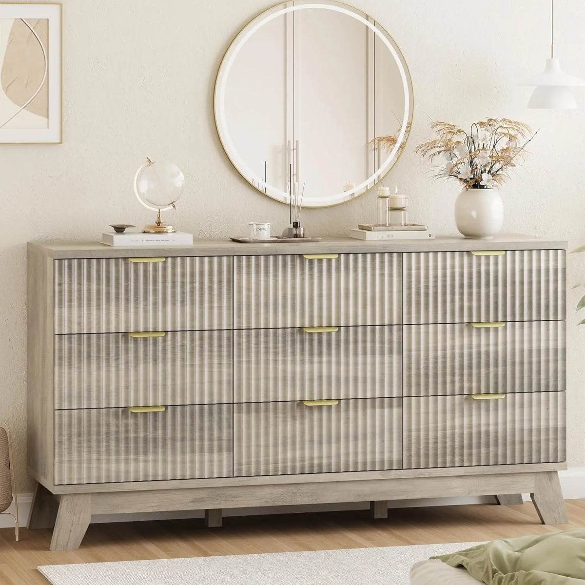 57-Inch Modern Fluted Wood Dresser With 9 Drawers - Sleep Galleria