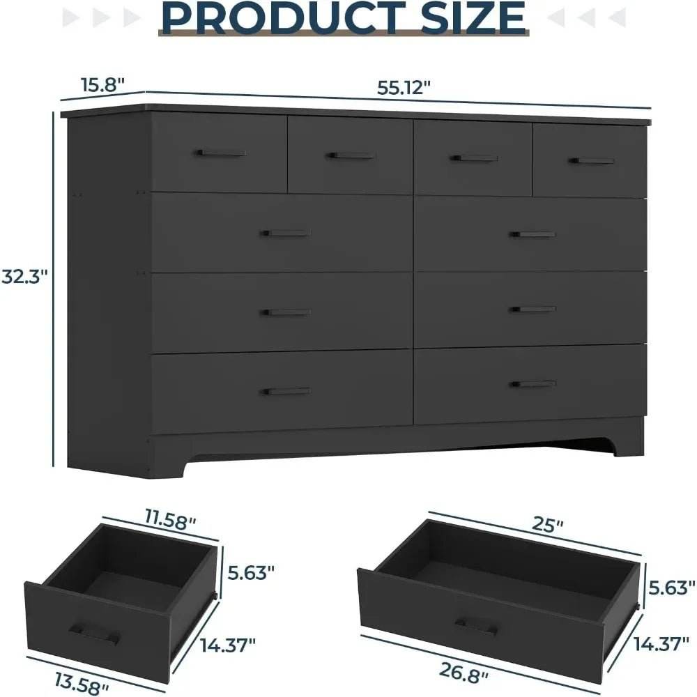 Modern 10-Drawer Engineered Wood Dresser With Charging Station - Sleep Galleria