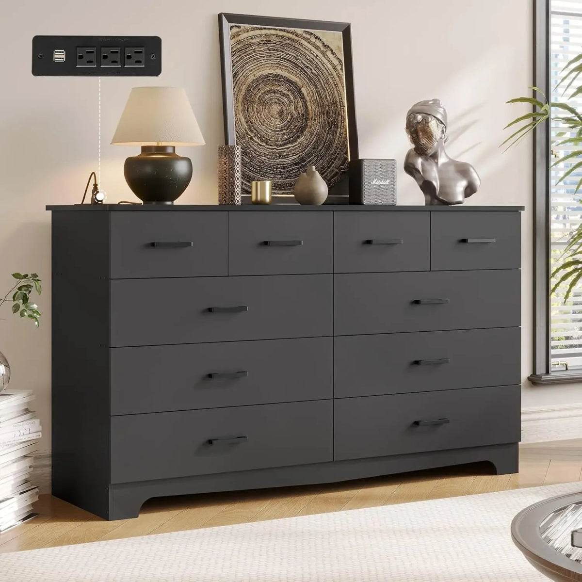Modern 10-Drawer Engineered Wood Dresser With Charging Station - Sleep Galleria