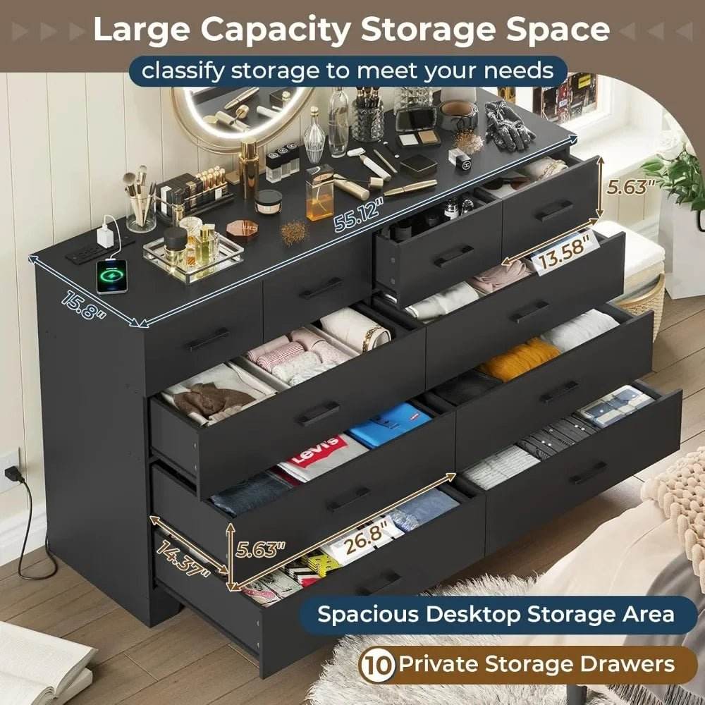 Modern 10-Drawer Engineered Wood Dresser With Charging Station - Sleep Galleria