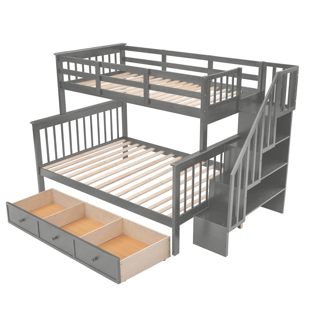 Twin-Over-Full Solid Wood Stairway Storage Bunk Bed