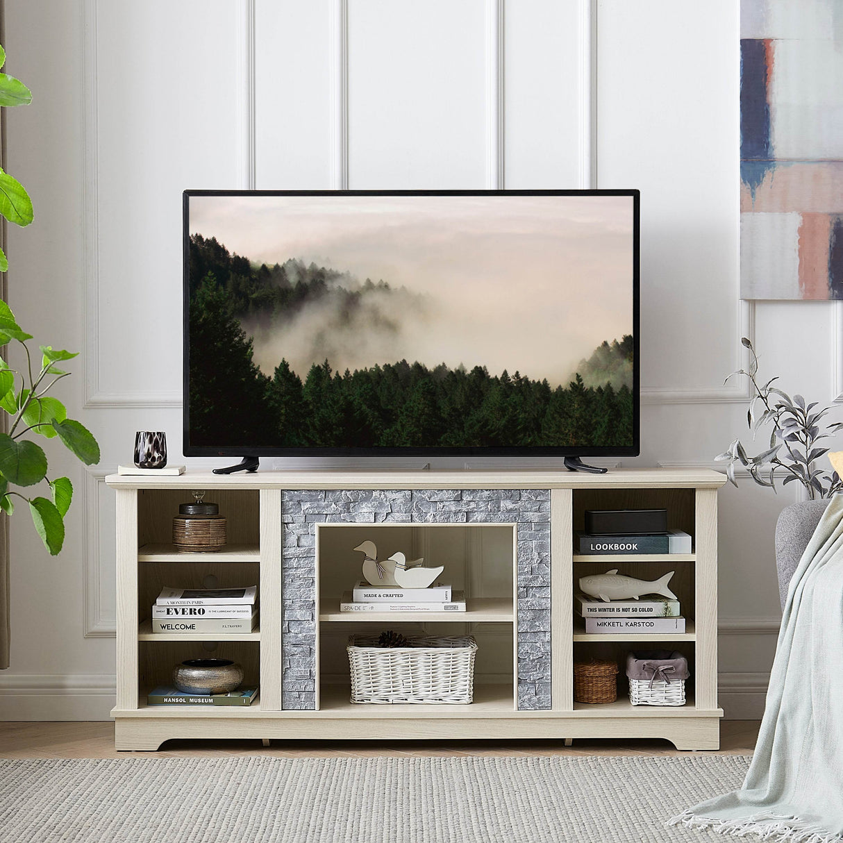 White Faux Stone Entertainment Console TV Stand - Sleep Galleria