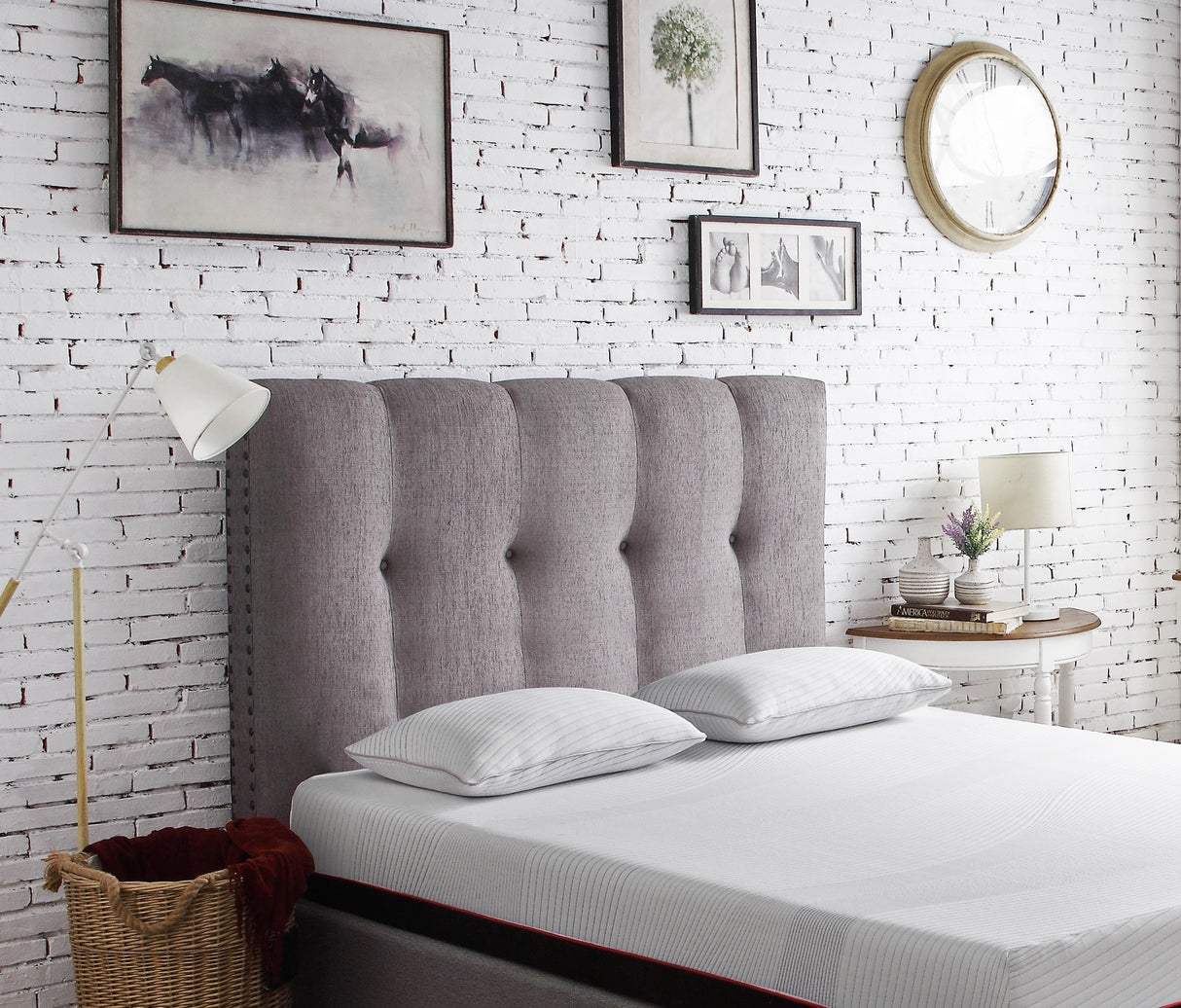 Queen Tufted Upholstered Wood Panel Headboard Gray Polyester