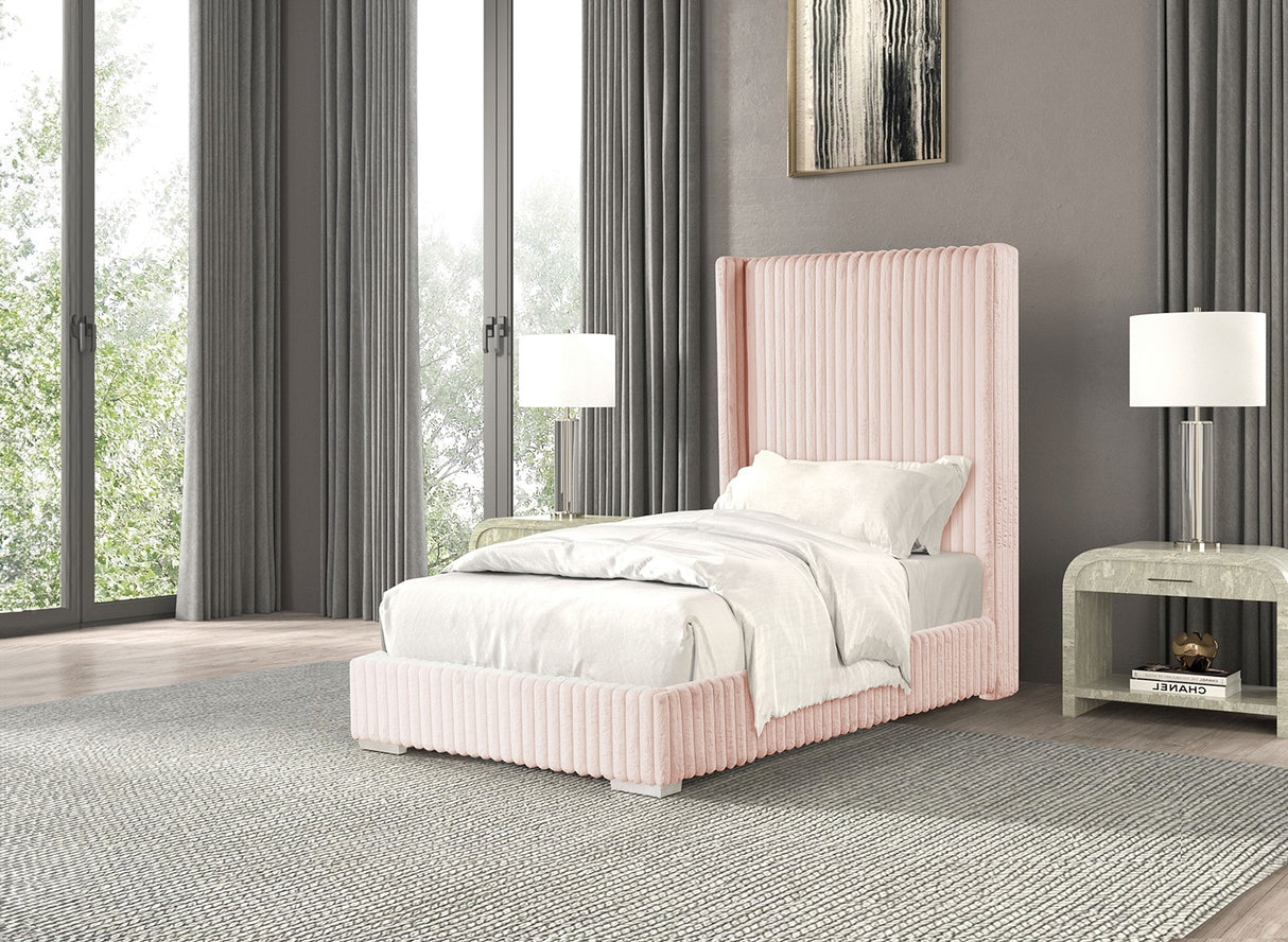 Full Pink Chenille Upholstered Wood Full Size Bed Frame