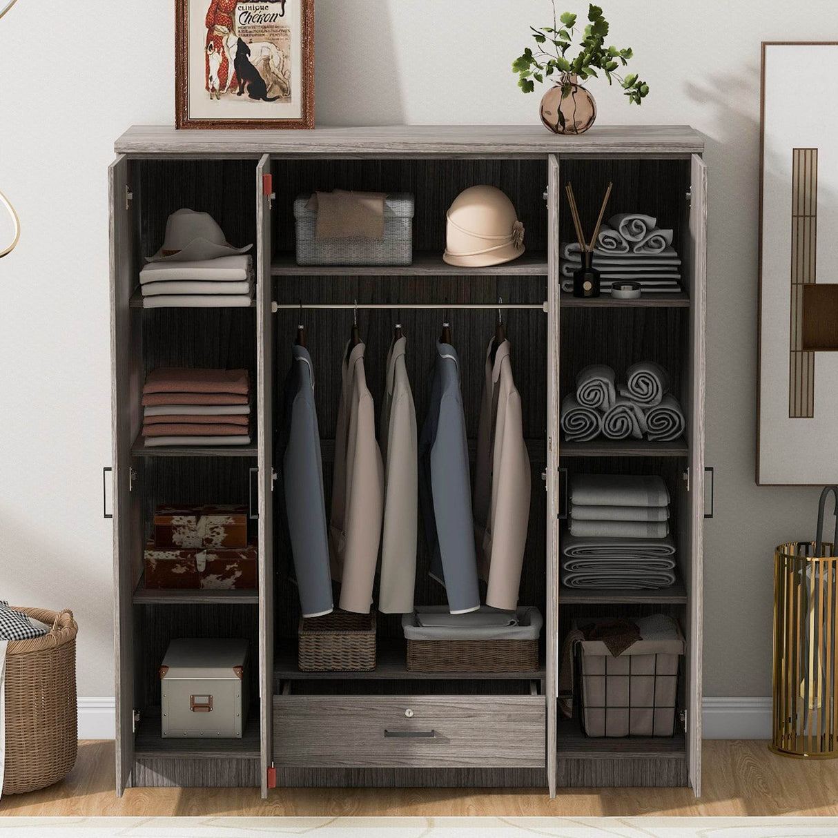 4-Door Mirror Wardrobe With Lockable Drawers