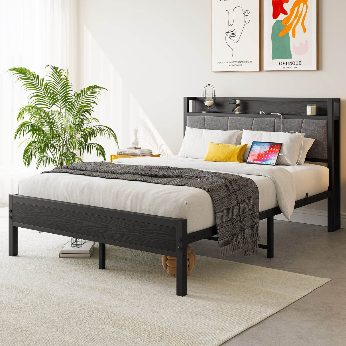 Full Full Size Bed Frame With Storage Headboard Charging Station