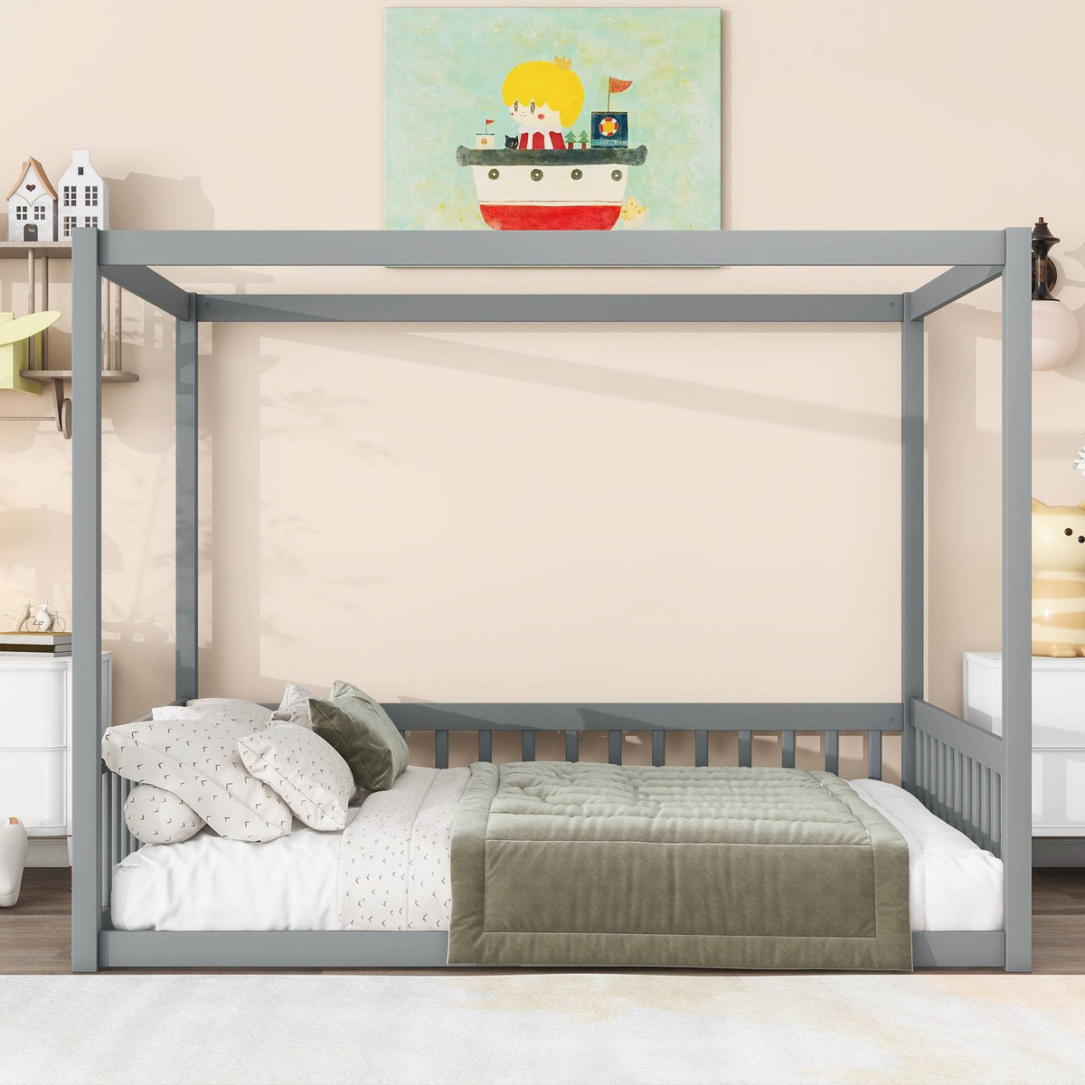 Full Canopy Frame Rubber Wood Full Floor Bed With Fence