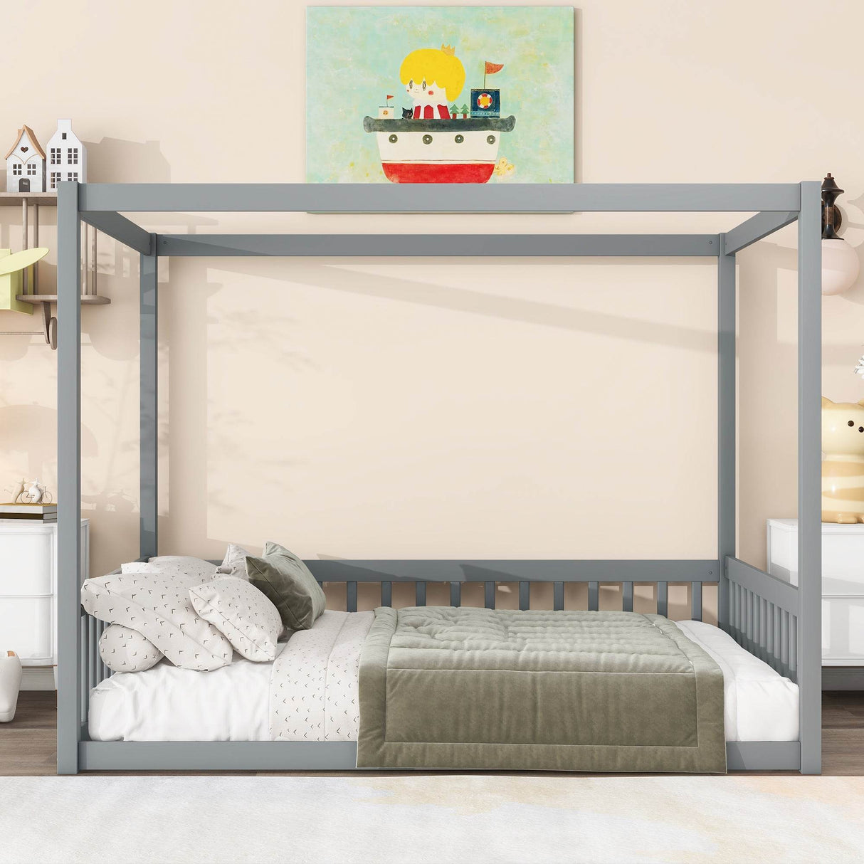 Full Canopy Frame Rubber Wood Full Floor Bed With Fence